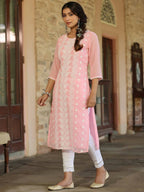 Juniper Women's Pink Georgette Printed Kurta | Grocsy