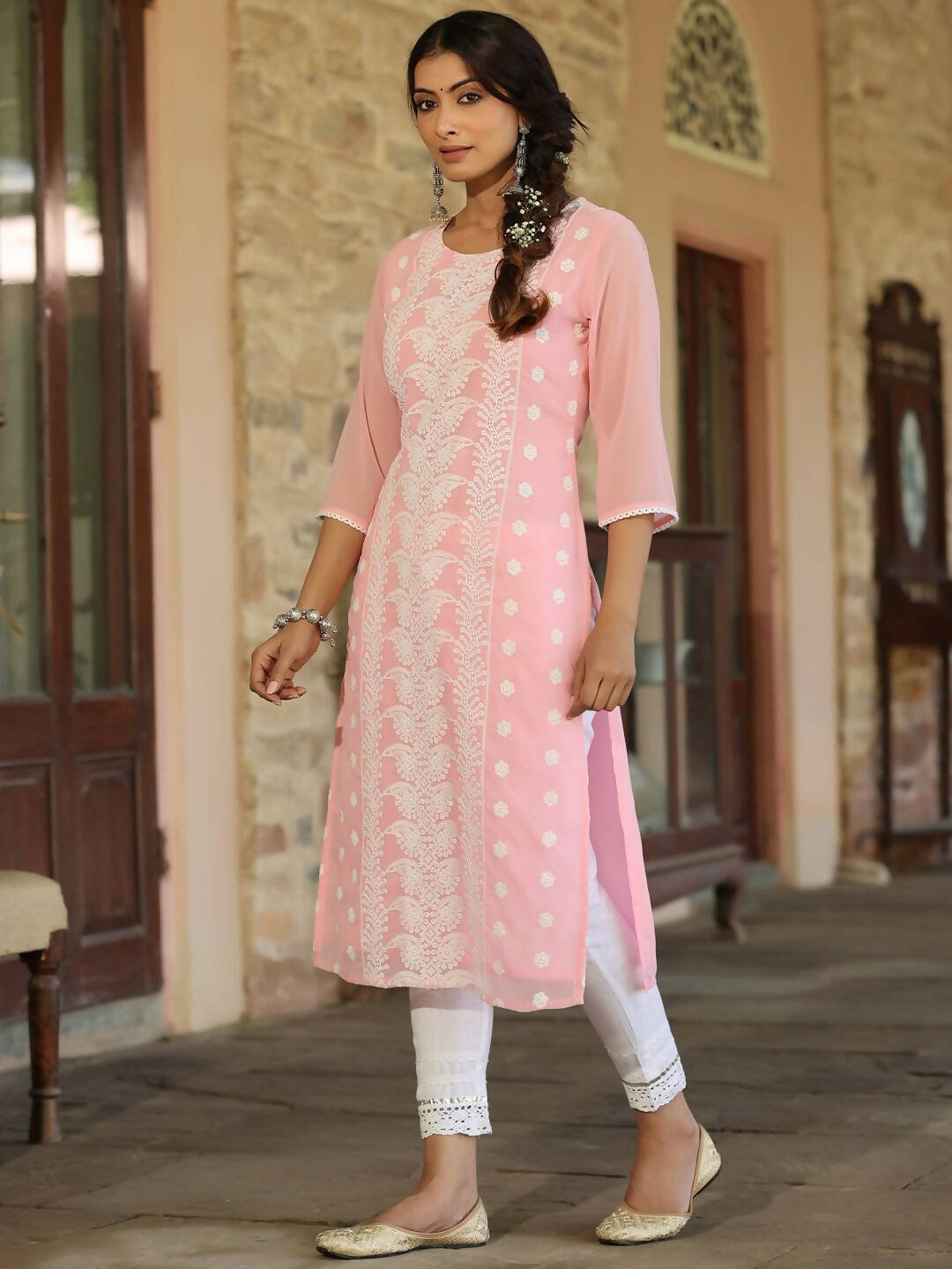 Juniper Women's Pink Georgette Printed Kurta | Grocsy