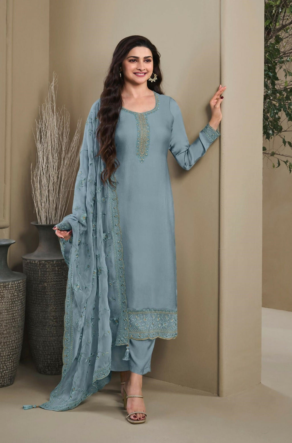 Anaita Blue Heavy Natural Crepe Stitched Suit with Embroidery & Zarkhan Work | Grocsy