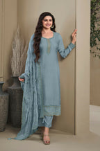 Anaita Blue Heavy Natural Crepe Stitched Suit with Embroidery & Zarkhan Work | Grocsy