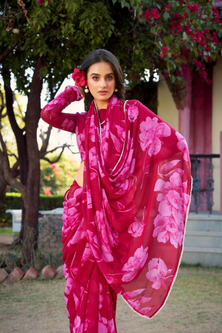 Vastranavya Pink Chiffon Floral Printed & Pearl Lace Border Saree with Unstitched Blouse | Grocsy