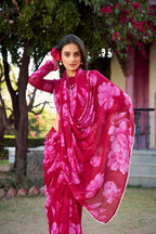 Vastranavya Pink Chiffon Floral Printed & Pearl Lace Border Saree with Unstitched Blouse | Grocsy