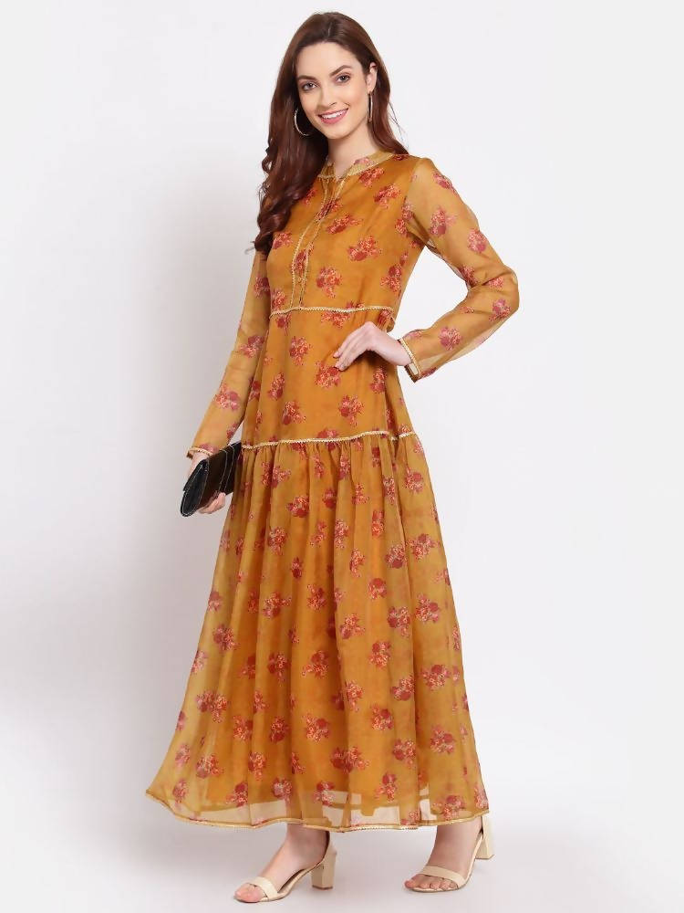 Myshka Women's Multi Printed Organza Full Sleeve Mandarin Neck Casual Dress | Grocsy