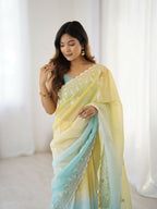 Yellow Crunchy Silk Embroidery Work Party Wear Saree - Lakshita | Grocsy
