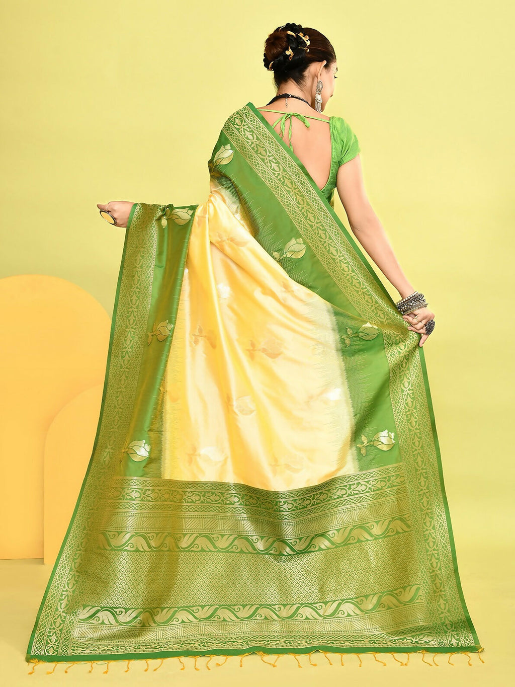 Joban Fashion Light Yellow & Parrot Green Plain With Weaving Border Banarasi Silk Sarees | Grocsy