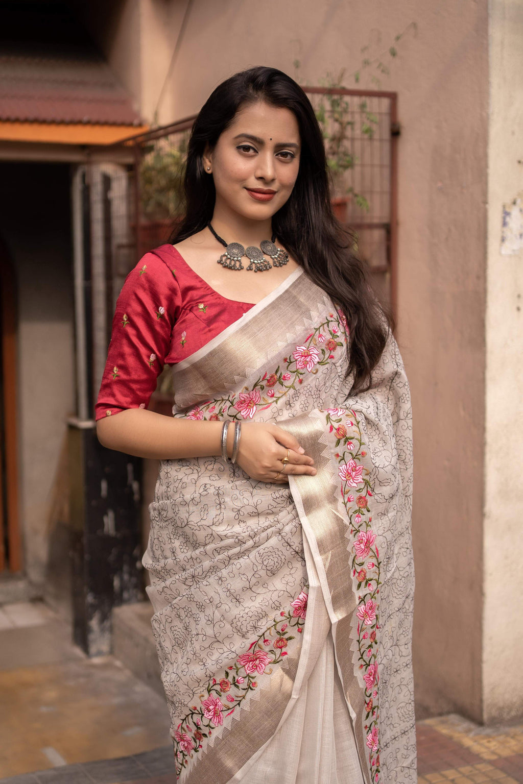 Grey Pure Linen Woven Design Saree with Unstitched Blouse - Hiral Fashion | Grocsy