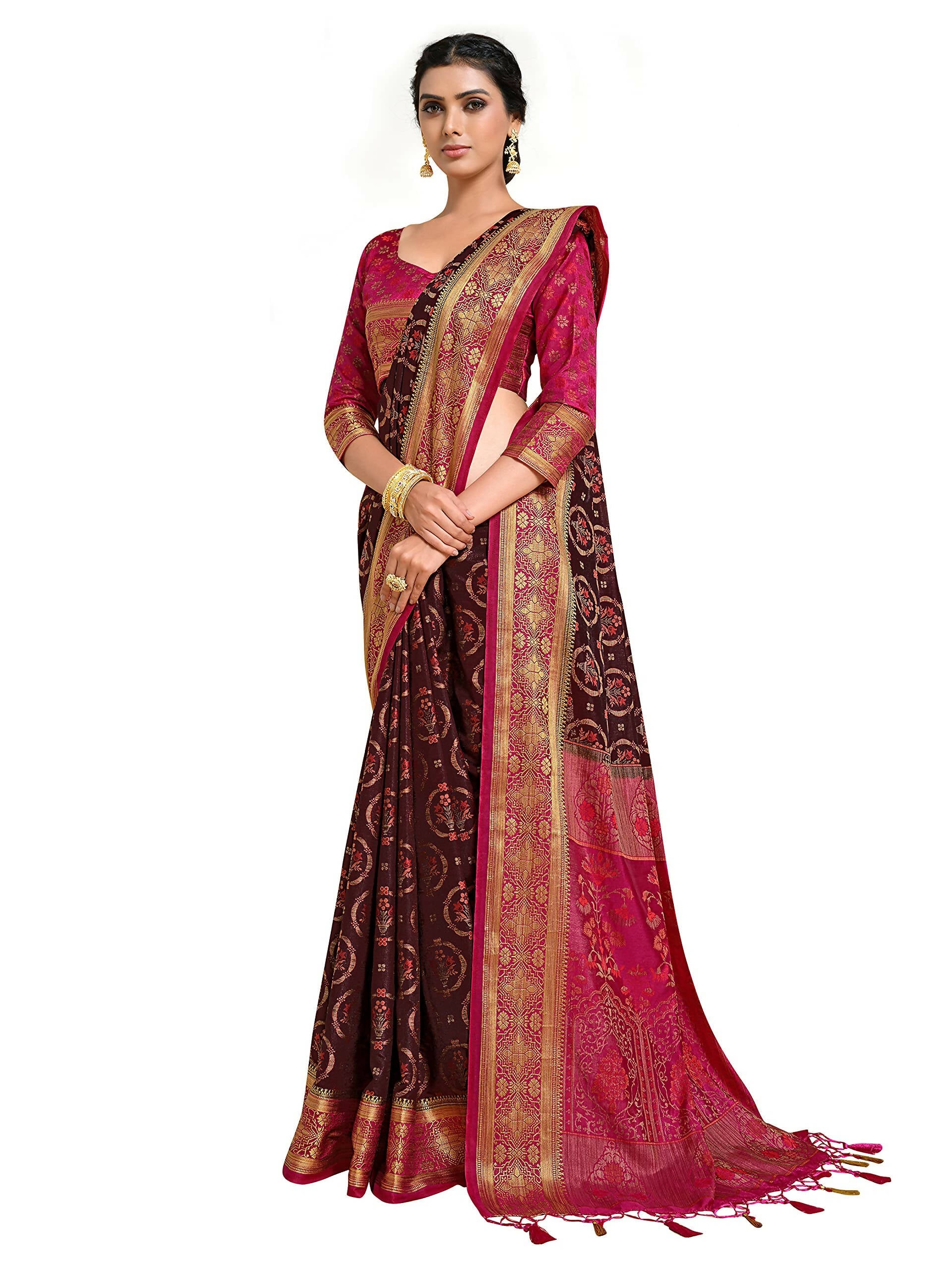 Mimosa Women's Kanjivaram Art Silk Burgundy Saree | Grocsy