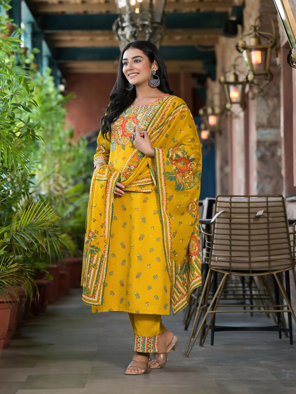 Juniper Women's Mustard Floral Printed Liva Rayon Kurta Pant And Dupatta Set With Sequins | Grocsy