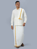 Ramraj Cotton Mens Wedding Cream Regular Dhoti, Shirt & Towel Set Subhakalyan 3/4" | Grocsy