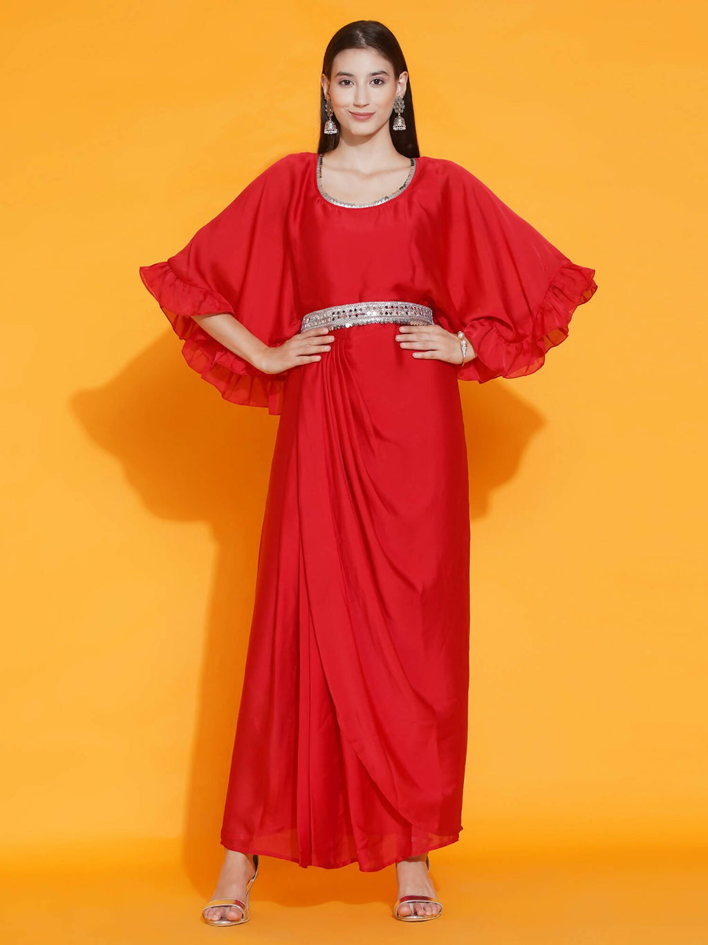 Women Republic Red Georgette Gown With Embellished Belt | Grocsy