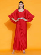 Women Republic Red Georgette Gown With Embellished Belt | Grocsy