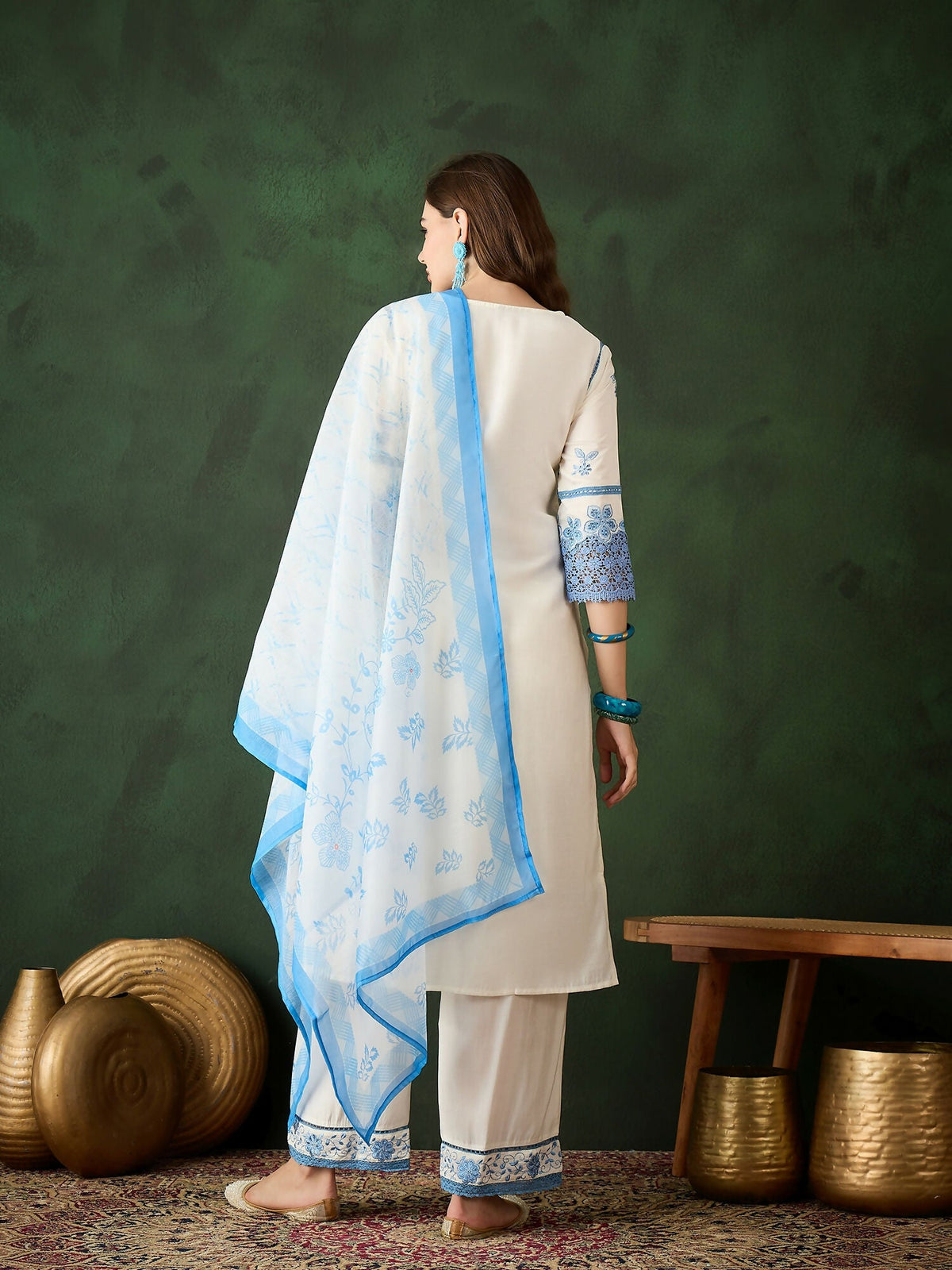 Blue & White Roman Silk Embroidered Kurta With Trouser & Dupatta - Bhumi | Grocsy