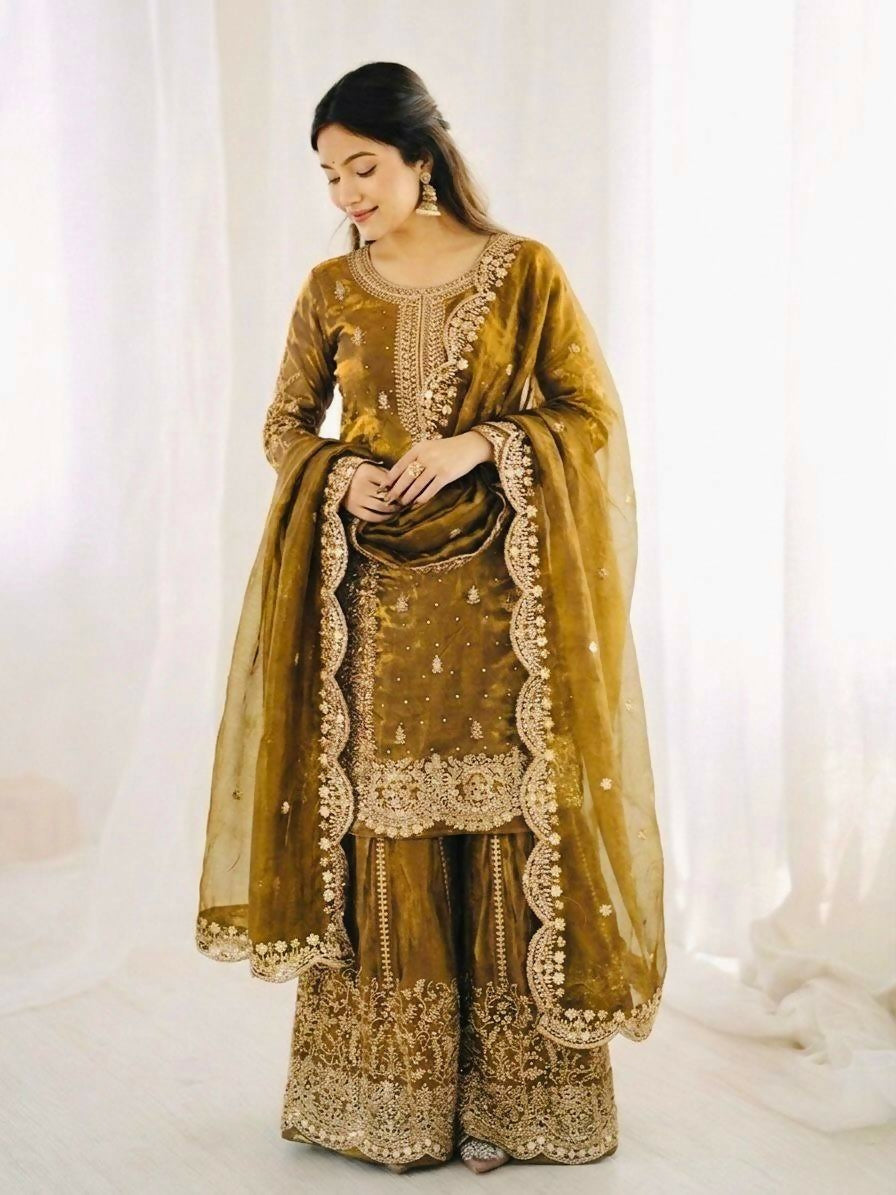 Teeya Creation Womens New Trendy Embroidery Coding And Sequence Work Gold Kurta Set | Grocsy