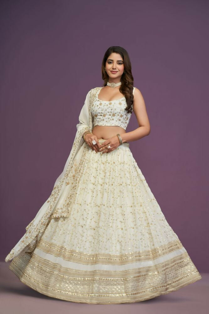 Zari Sequene Embroidery Wok Georgette White Lehenga Choli - Jihu Culture | Grocsy