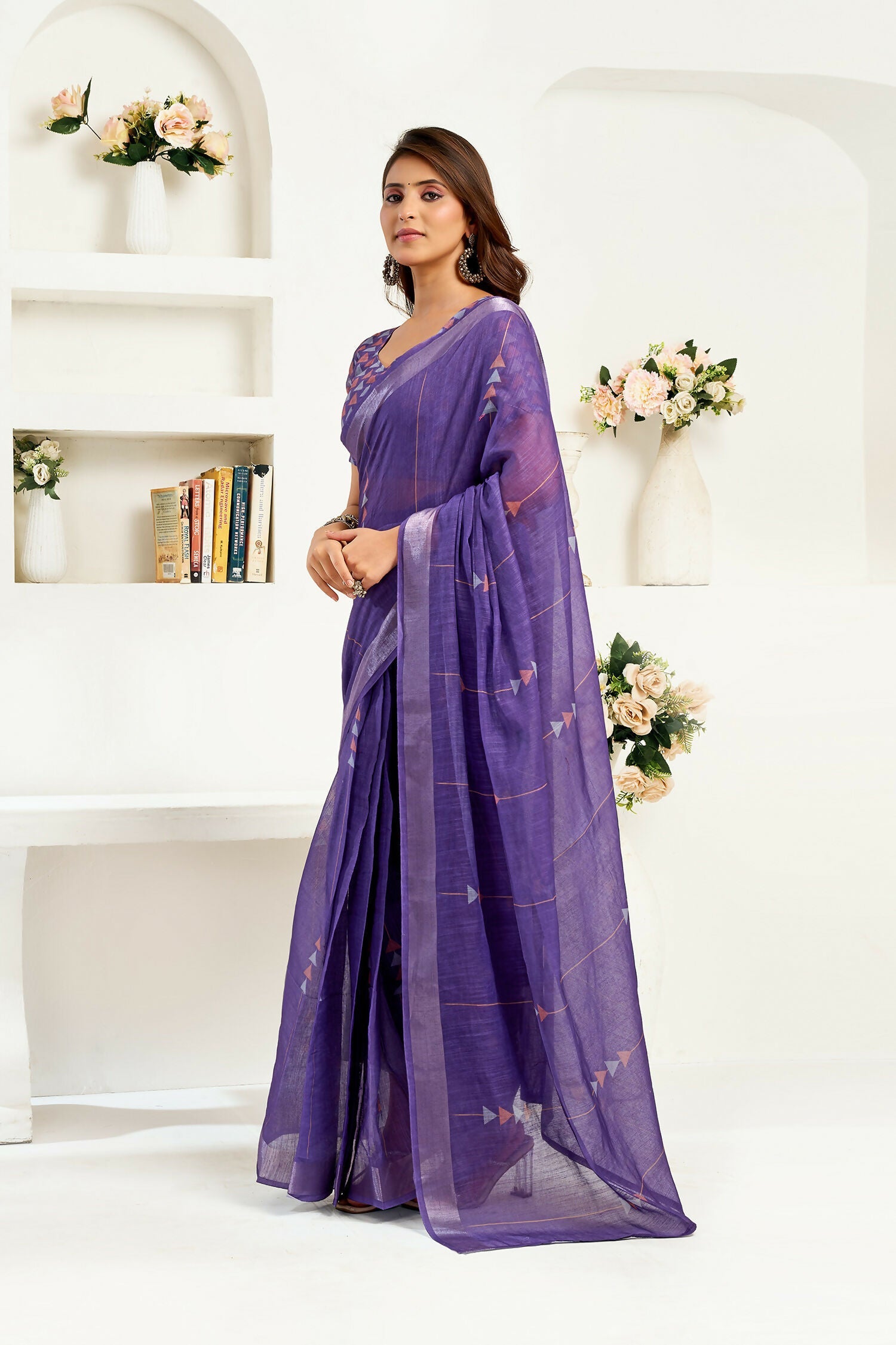 Joban Fashion Purple Geomatric Linen Ready To Wear Saree With Unstitched Blouse | Grocsy