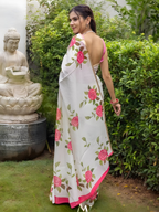 Prime Volt Women's White & Pink Floral Digital Print Soft Linen Saree With Gold Zari Border & Blouse | Grocsy