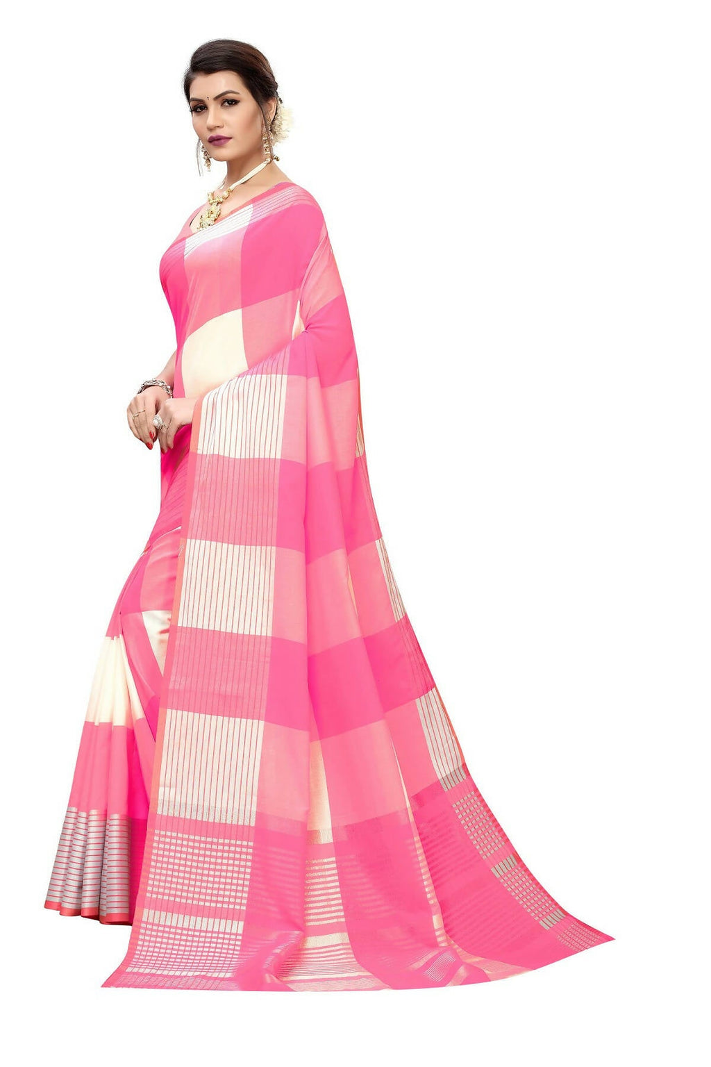 Vamika Pink Cotton Silk Weaving Saree (Gamma Checks Pink) | Grocsy
