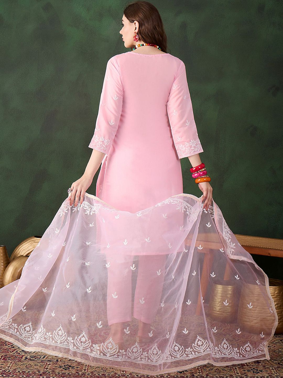 Sangria Pink and White Floral Embroidered Thread Work Cotton Kurta & Trouser With Dupatta | Grocsy