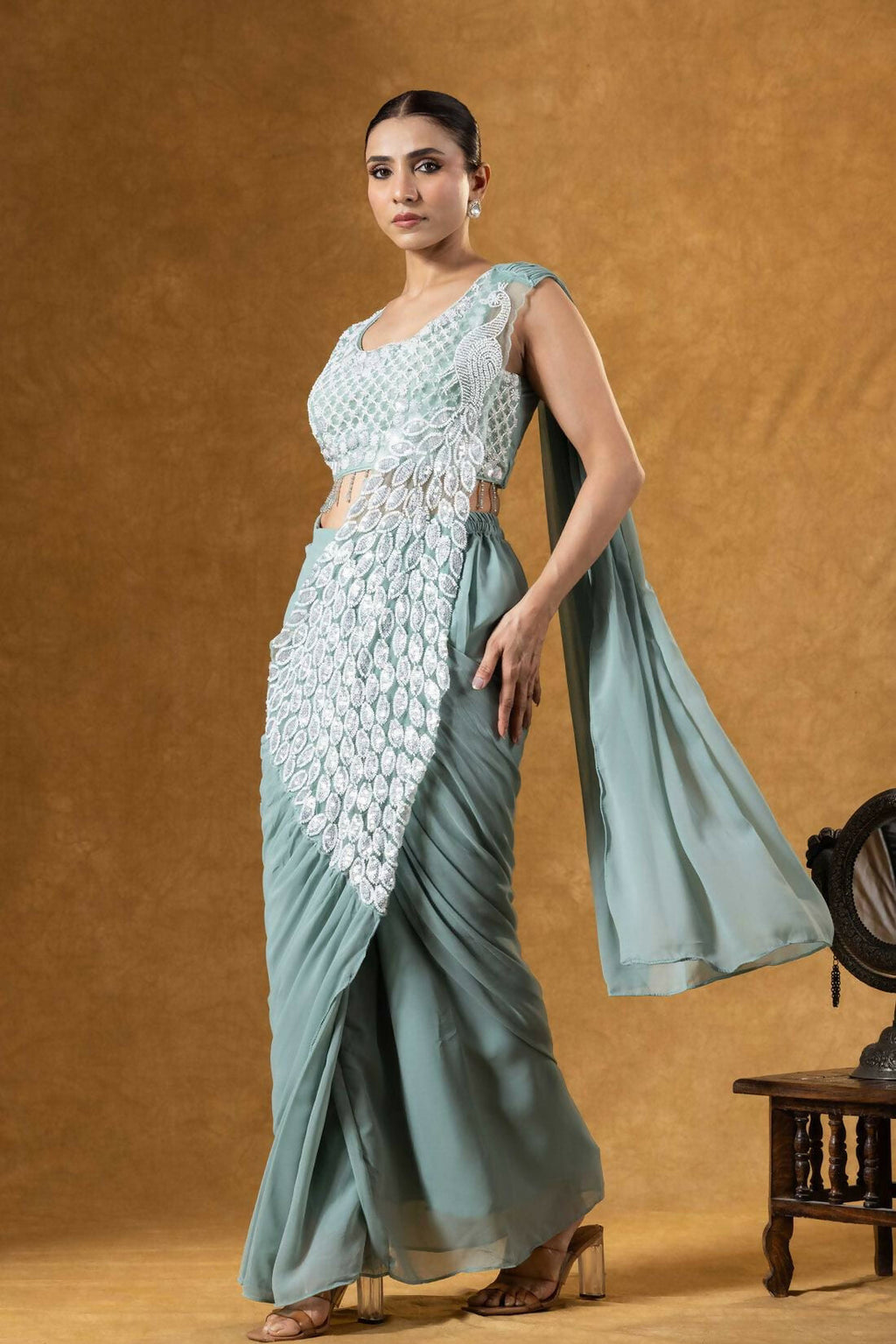 Teeya Creation Teal Color Faux Georgette Embroidery Work Party Wear Ready To Wear Saree | Grocsy