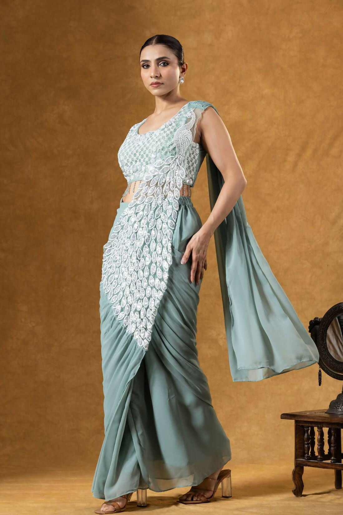 Teeya Creation Teal Color Faux Georgette Embroidery Work Party Wear Ready To Wear Saree | Grocsy