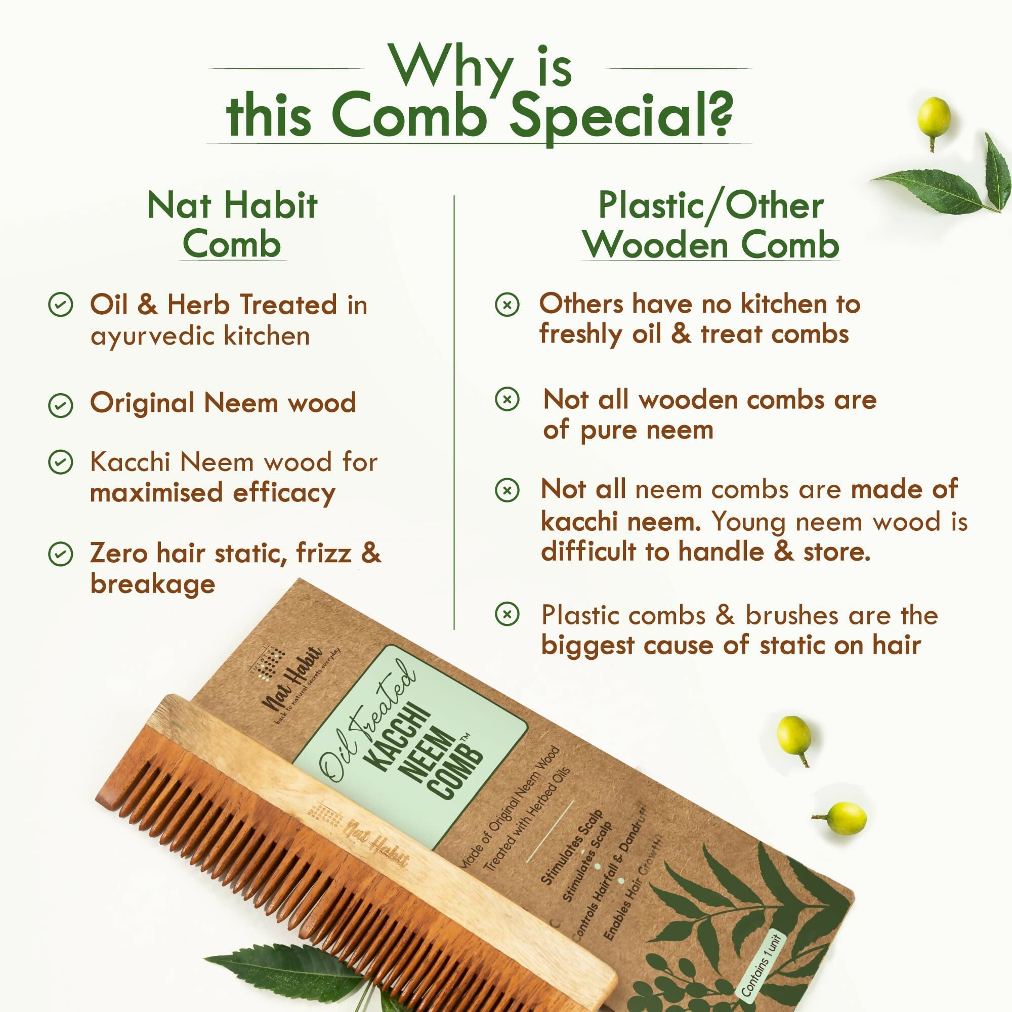 Nat Habit Kacchi Neem Wooden Comb - Soaked In 13 Herbs, Neem & Sesame Oil For Multi-Actions | Grocsy