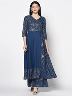 Aniyah Rayon Blue Color Foil Print Angrakha Anarkali Palazzo Set (AN-207K) | Grocsy