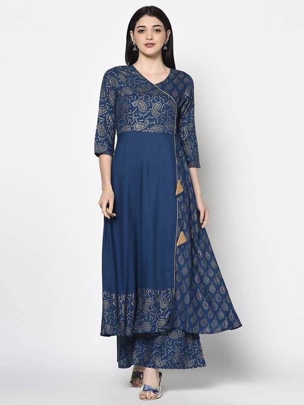 Aniyah Rayon Blue Color Foil Print Angrakha Anarkali Palazzo Set (AN-207K) | Grocsy
