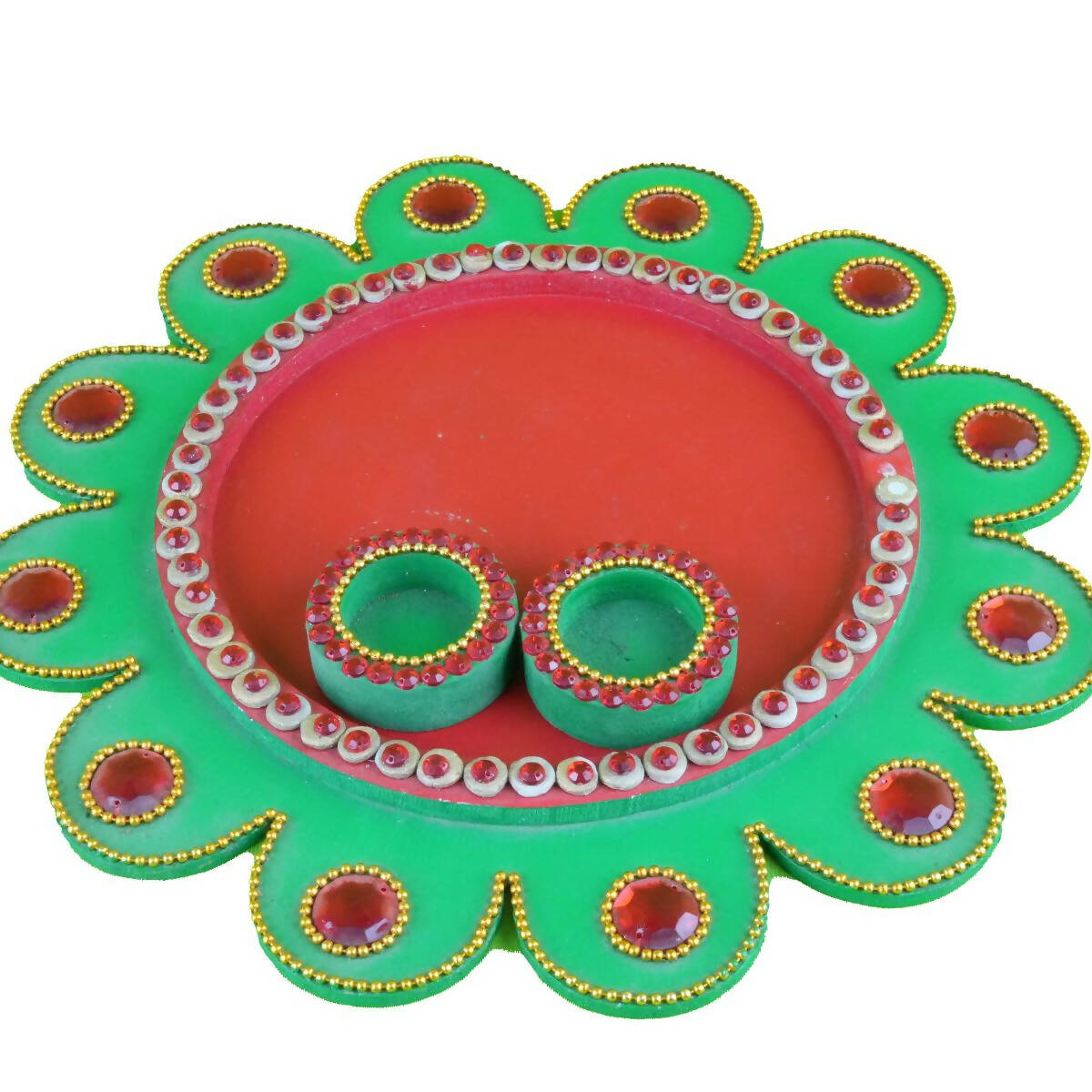 Kundan HandiKrafts Mdf Flower Pooja Thali - Green 01 | Grocsy