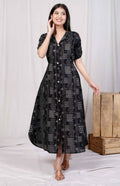Miravan Women's Pure Cotton Black Floral Printed Front Button A-Line Midi Dress | Grocsy