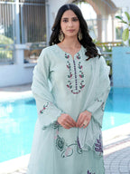 Nikhaar Sea Green Embroidered Art Silk Stitched Straight Cut Kurta Pants Dupatta Readymade Suit | Grocsy