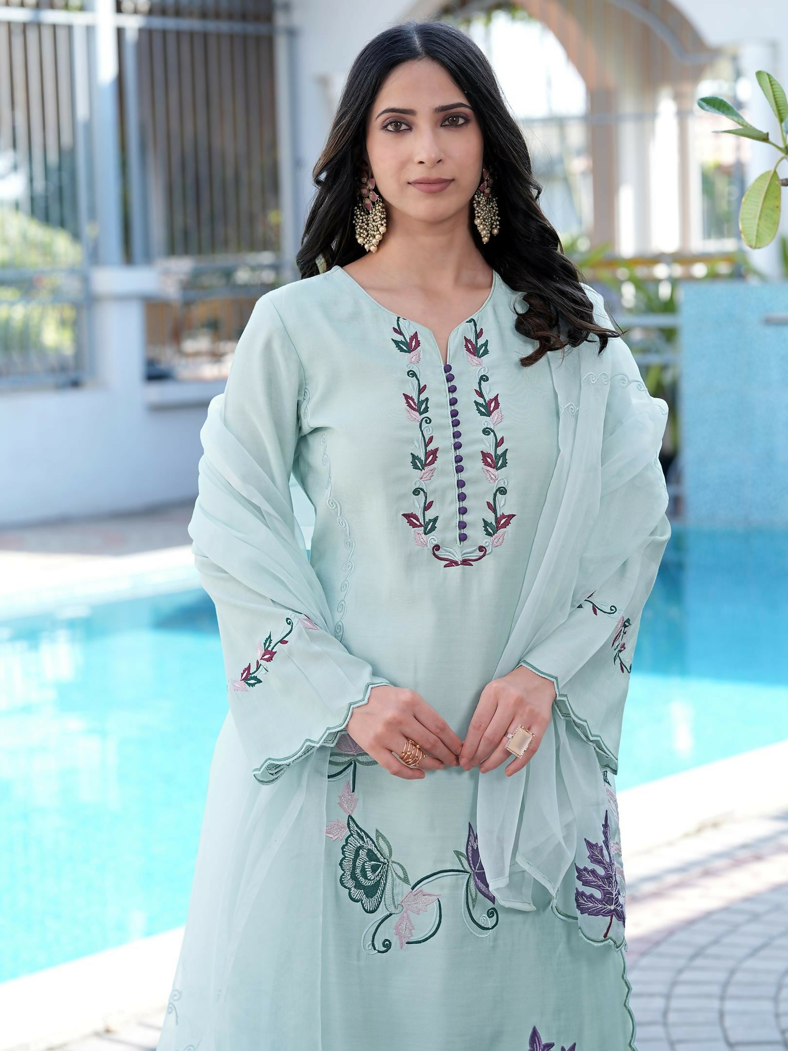 Nikhaar Sea Green Embroidered Art Silk Stitched Straight Cut Kurta Pants Dupatta Readymade Suit | Grocsy