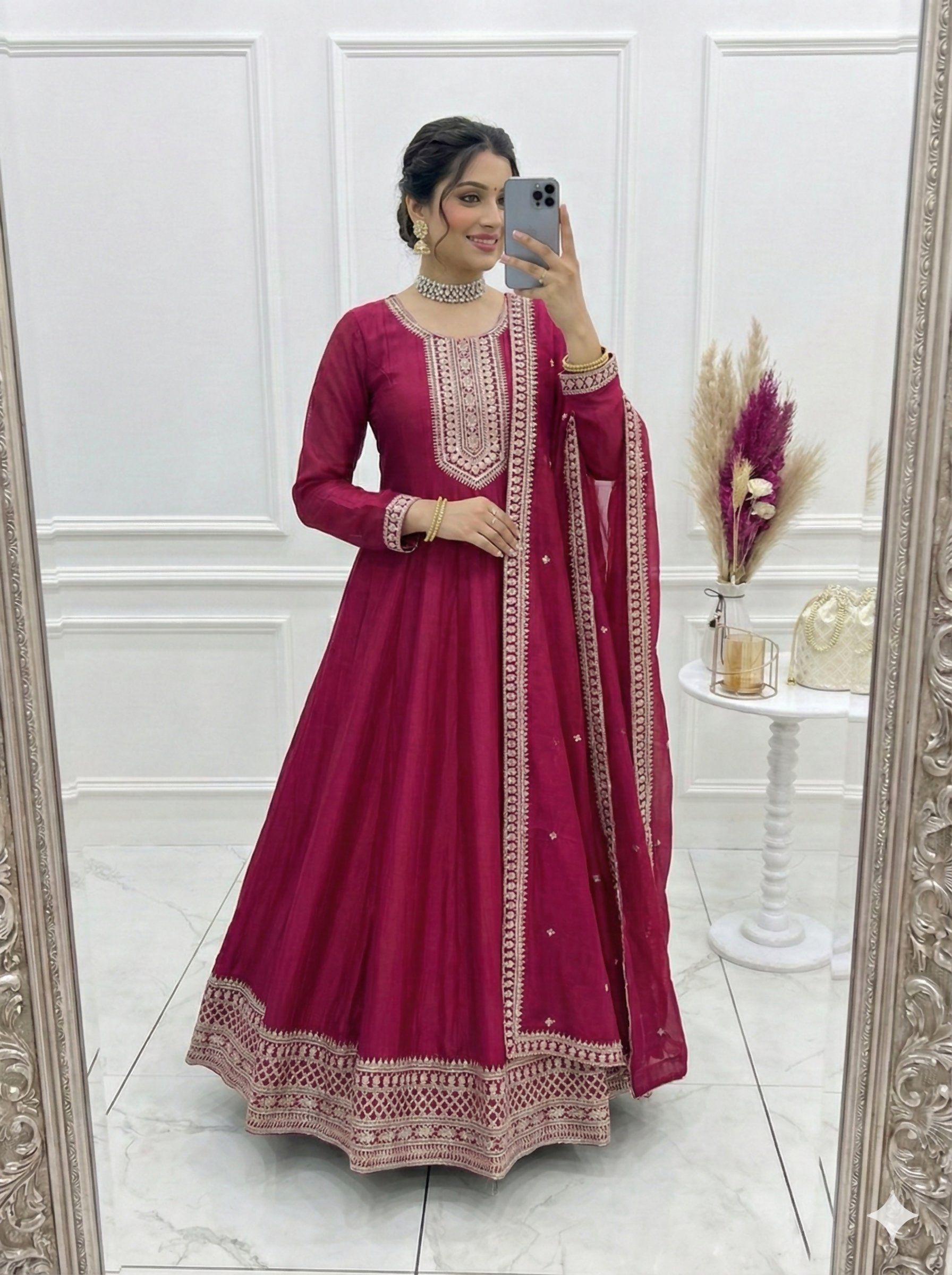 Teeya Creation Dark Rani Color Vichitra Silk Embroidery Work Party Wear Long Gown | Grocsy