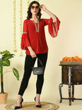 Myshka Women's Red Embroidered Party Fusion Top | Grocsy
