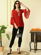 Myshka Women's Red Embroidered Party Fusion Top | Grocsy