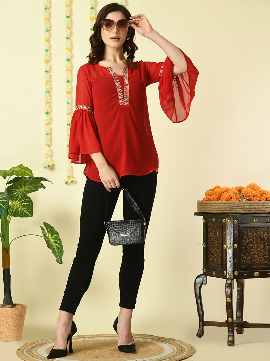 Myshka Women's Red Embroidered Party Fusion Top | Grocsy