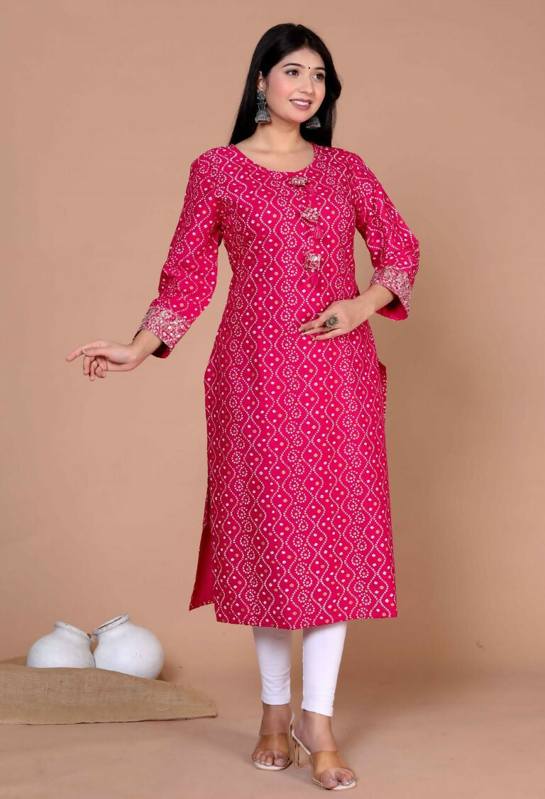Miravan Women's Plus Size Pink Bandhani Pakistani Straight Kurti | Grocsy