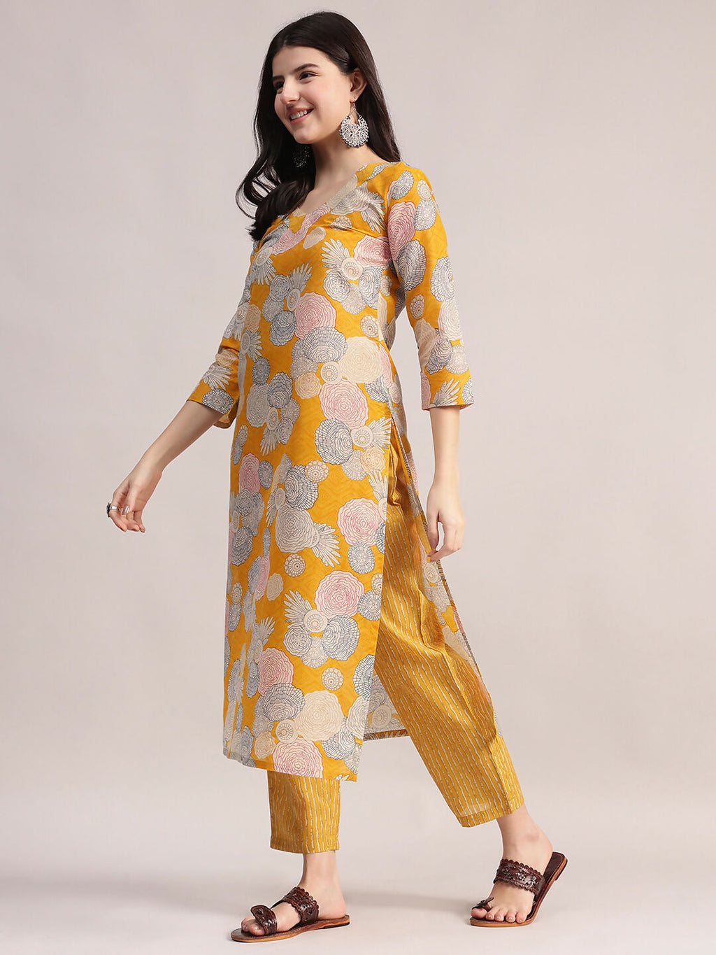 Aavyora Women Yellow Floral Printed Kurta with Striped Pants & Dupatta Set | Grocsy