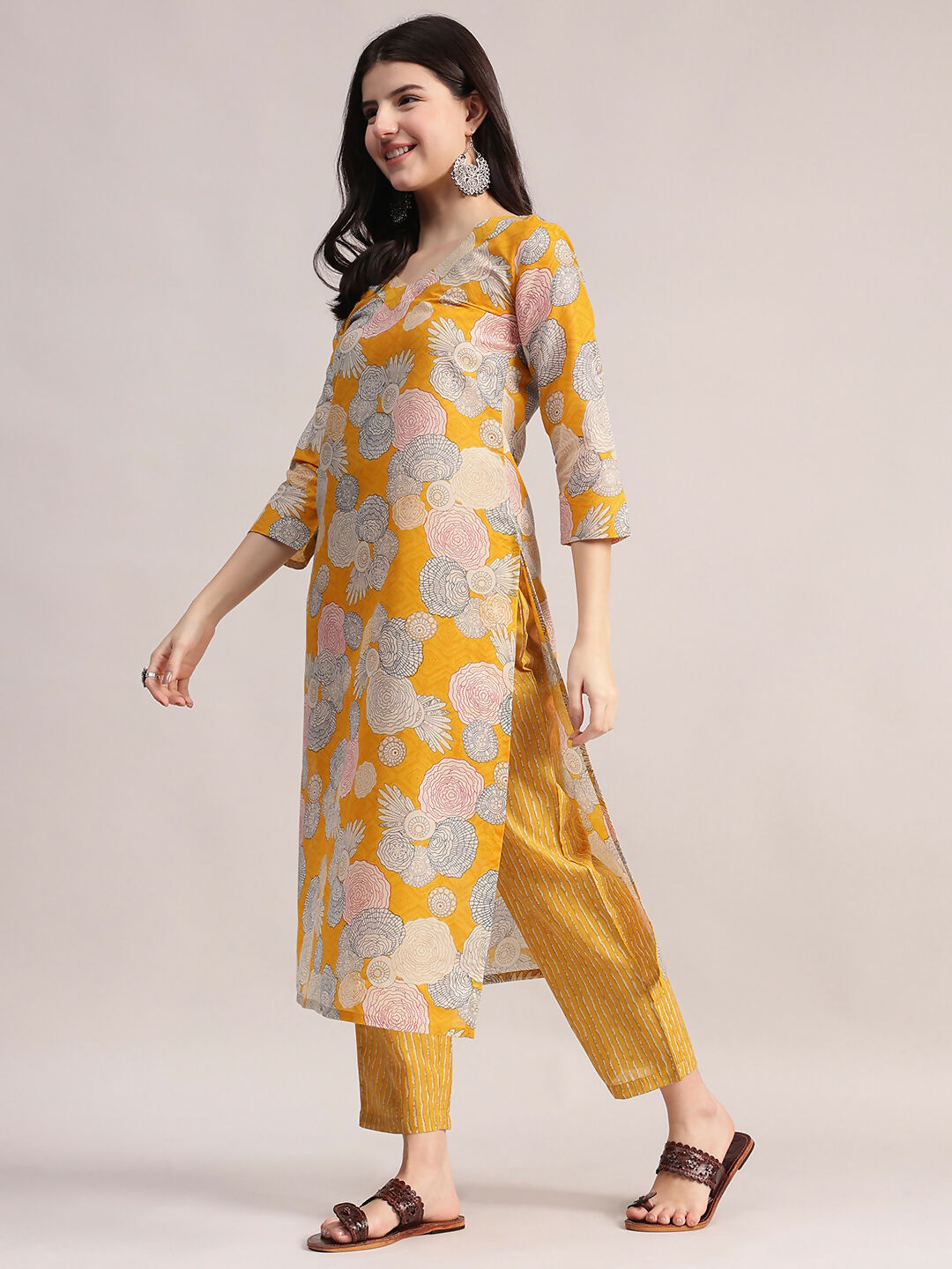 Aavyora Women Yellow Floral Printed Kurta with Striped Pants & Dupatta Set | Grocsy