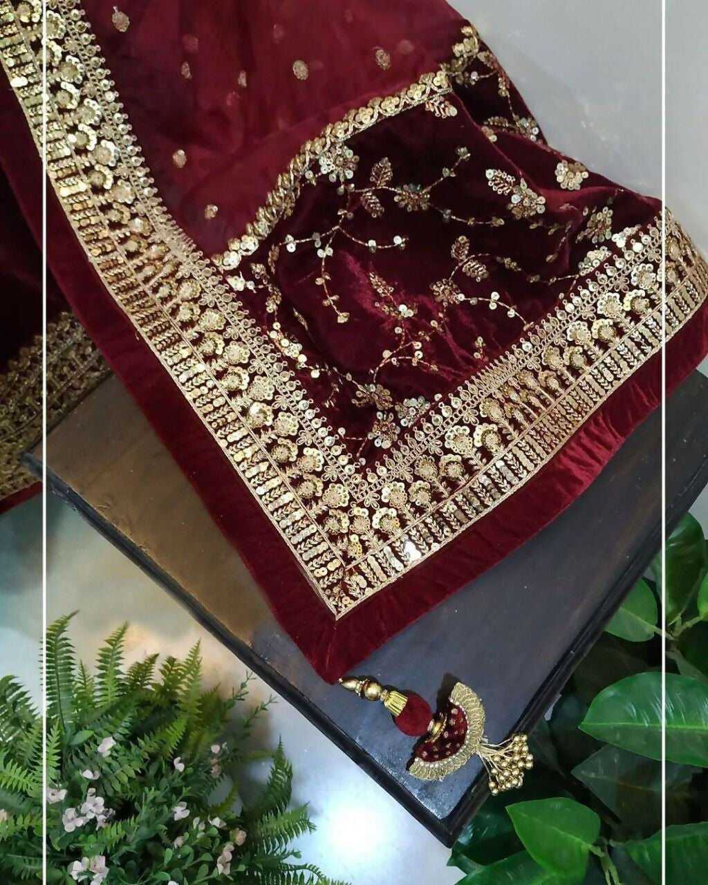 Vastranavya Wine Viscose Velvet Sequence Embroidery Work Gown Dupatta With Belt | Grocsy