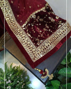Vastranavya Wine Viscose Velvet Sequence Embroidery Work Gown Dupatta With Belt | Grocsy