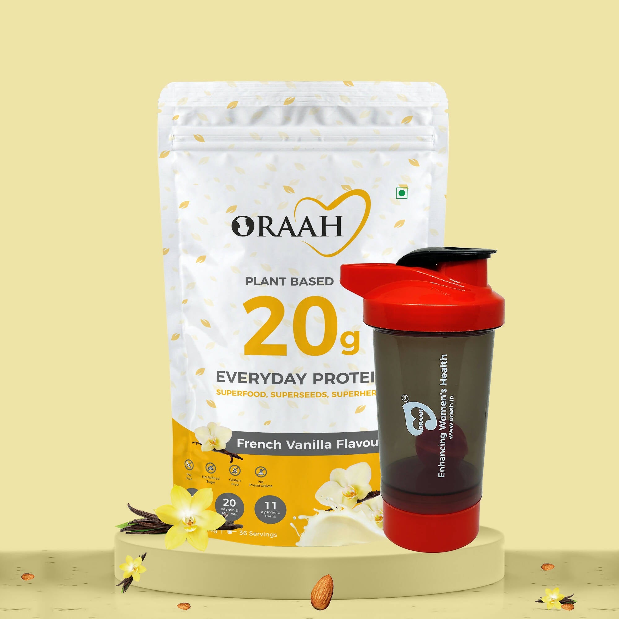 Oraah Plant Based Protein Powder Vanilla Flavor With Shaker | Grocsy
