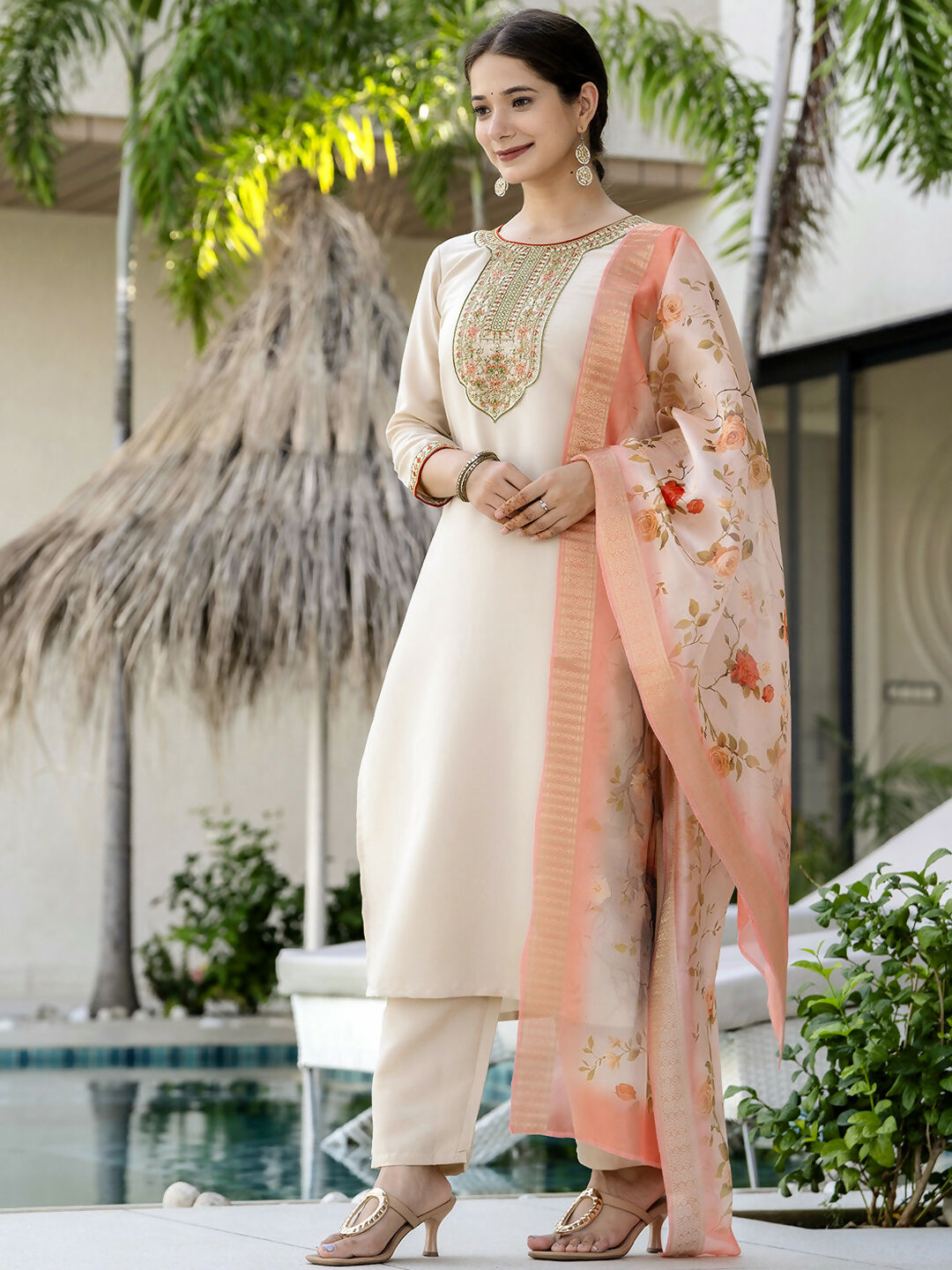 The52 Women's Beautiful Rayon Fabric Embroidery Work Straight Kurta Pant and Dupatta Set | Grocsy