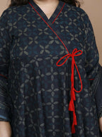 Miravan Women's Plus Size Navy Blue Printed Angrakha Kurta | Grocsy