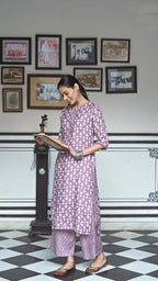 Aayaa Pure Muslin printed Kurti & Pant - purple | Grocsy