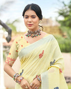 Sangam Prints Yellow Linen Woven Work Traditional Saree | Grocsy