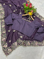 Vastranavya Gold Crunchy Multi Colour Threads Embroidery Work with Sequins Work Saree with Blouse material - Purple | Grocsy