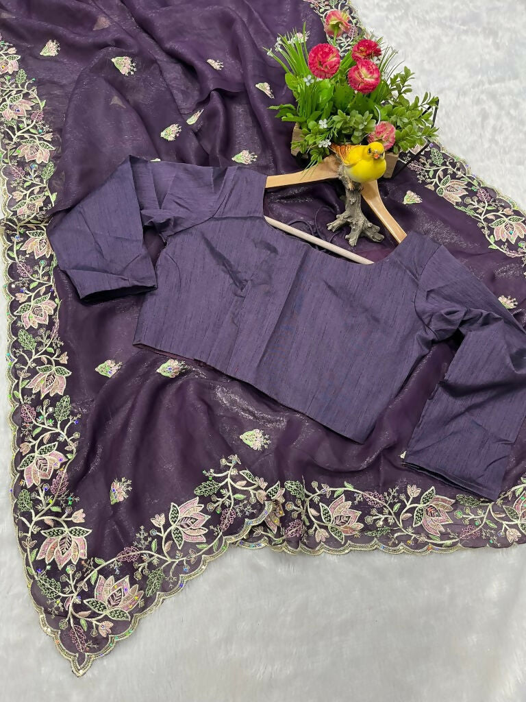 Vastranavya Gold Crunchy Multi Colour Threads Embroidery Work with Sequins Work Saree with Blouse material - Purple | Grocsy
