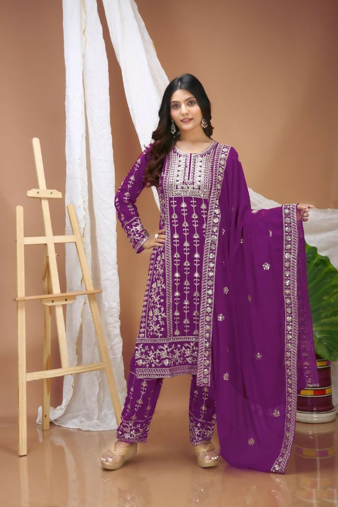 Lehenga Mart Designer Salwar Suit With Kurta, Pant, Dupatta For Women-Purple | Grocsy