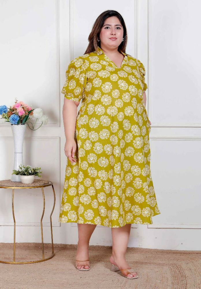 Miravan Plus Size Women'S Yellow Printed Puff Sleeve Floral Maxi Party Dress | Grocsy