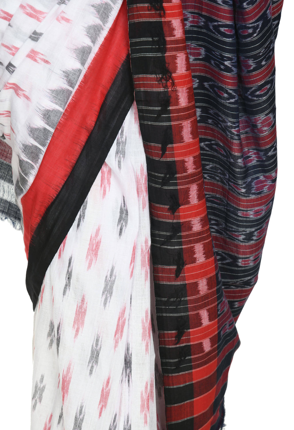 Vamika Sambalpuri Ikat Cotton Dehabandha White, Red & Black Saree | Grocsy